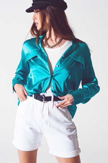 Q2 satin blouse in turquoise