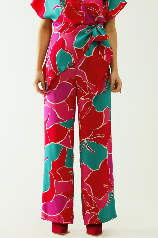 Q2 Satin Colored wide leg pant with floral designs