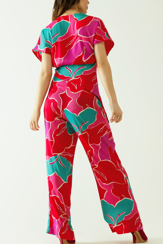 Satin Colored wide leg pant with floral designs
