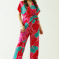 Satin Colored wide leg pant with floral designs