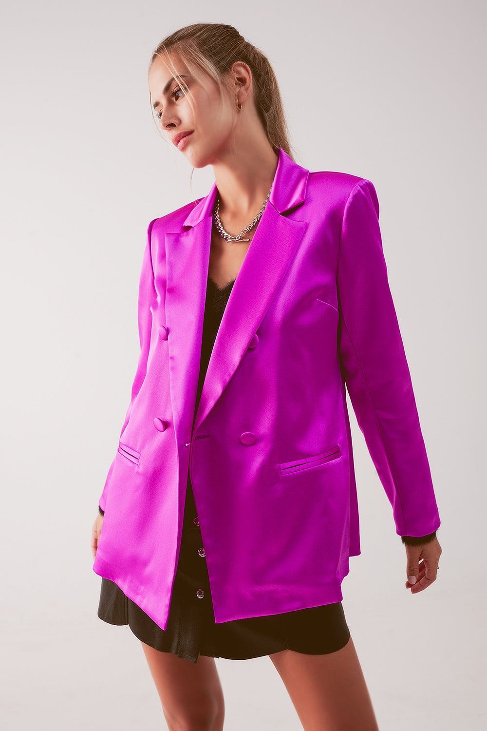 Satin double breasted suit blazer in fuchsia Szua Store