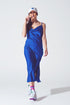 Q2 Satin Dress with Waterfall Neckline in Blue