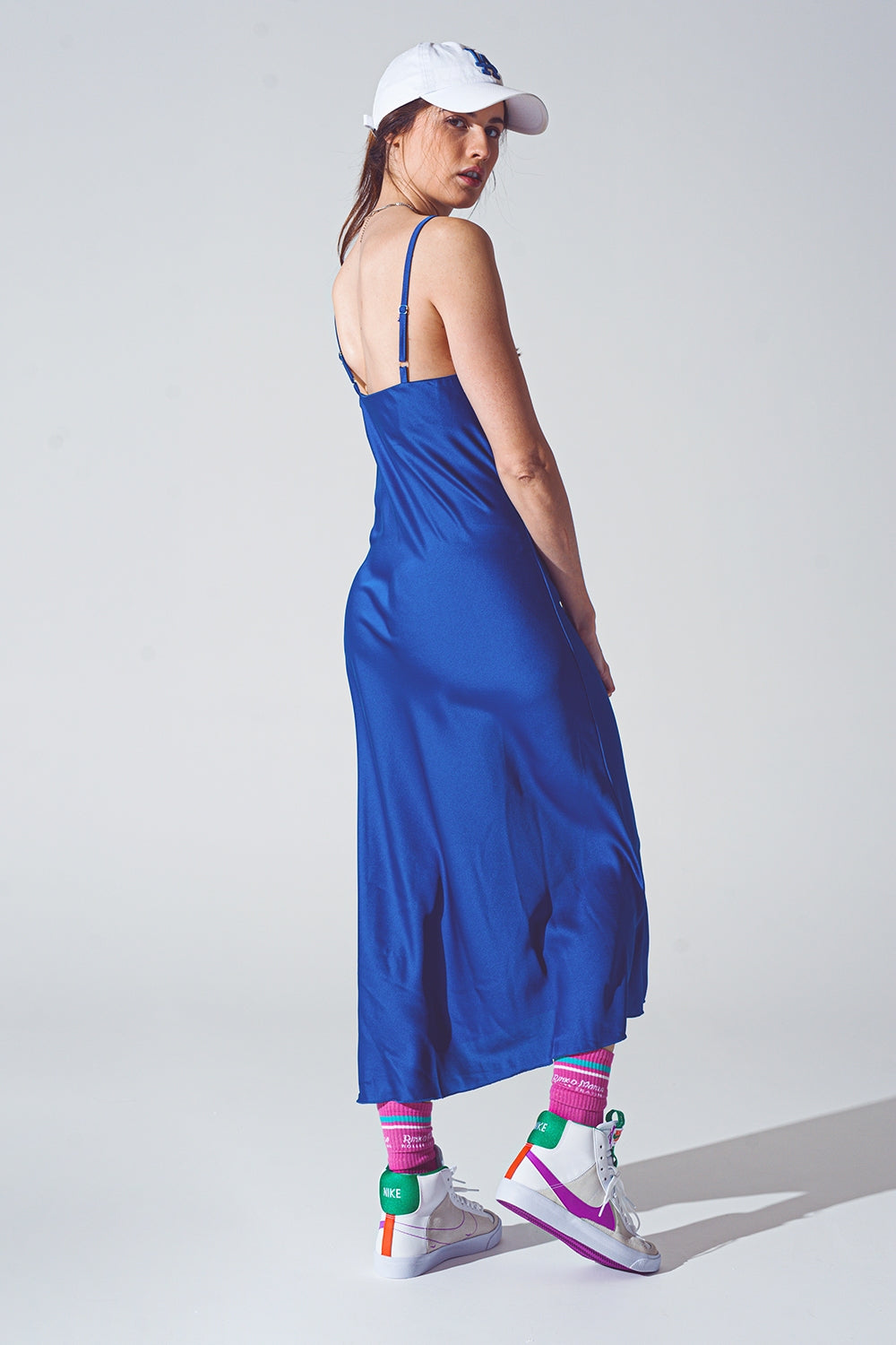 Satin Dress with Waterfall Neckline in Blue - Szua Store