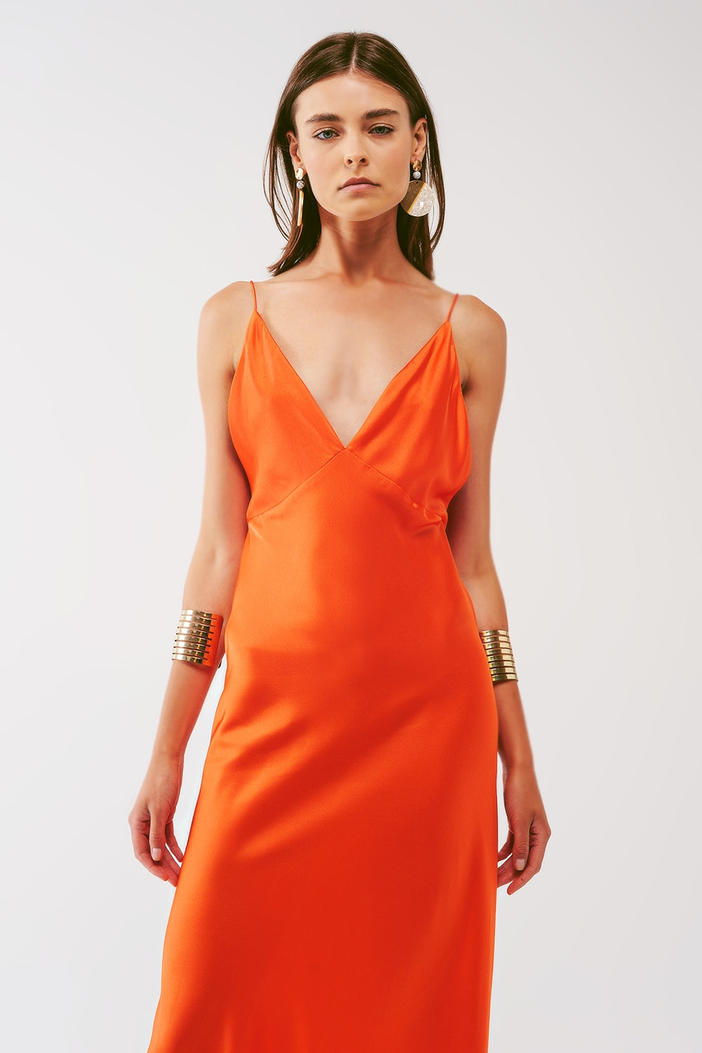 Satin Maxi Dress with Spaghetti Straps in Orange - Szua Store