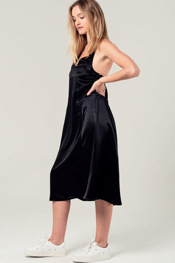 Satin midi dress with back detail in black Szua Store