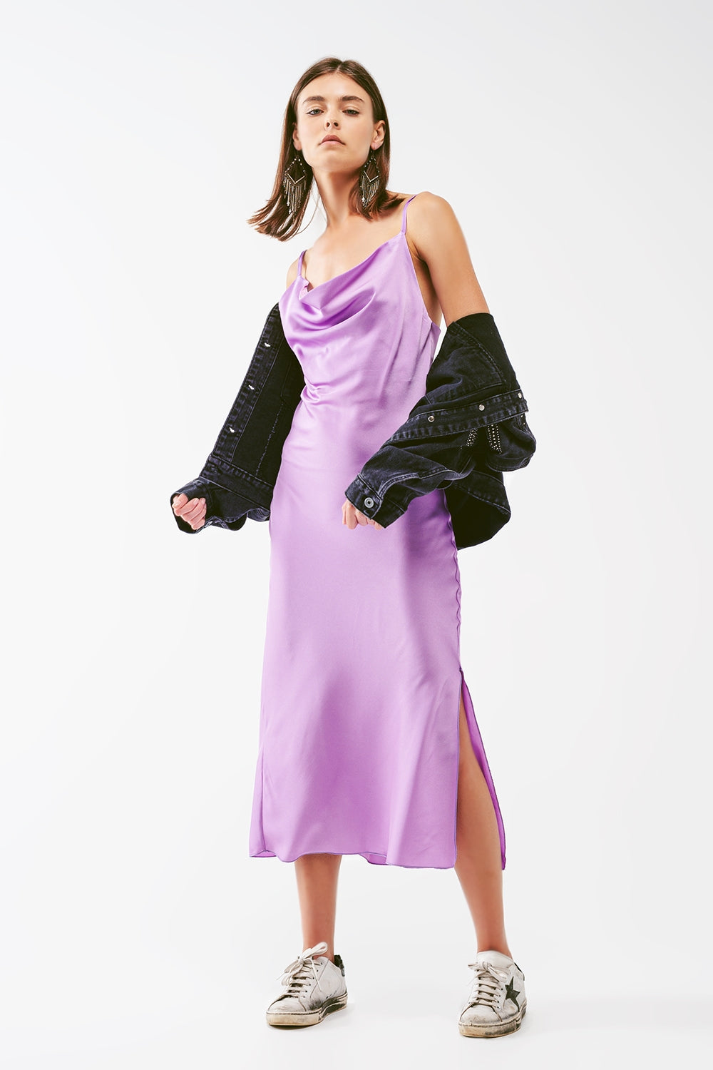 Q2 Satin Midi Dress With Cowl Neck in lilac