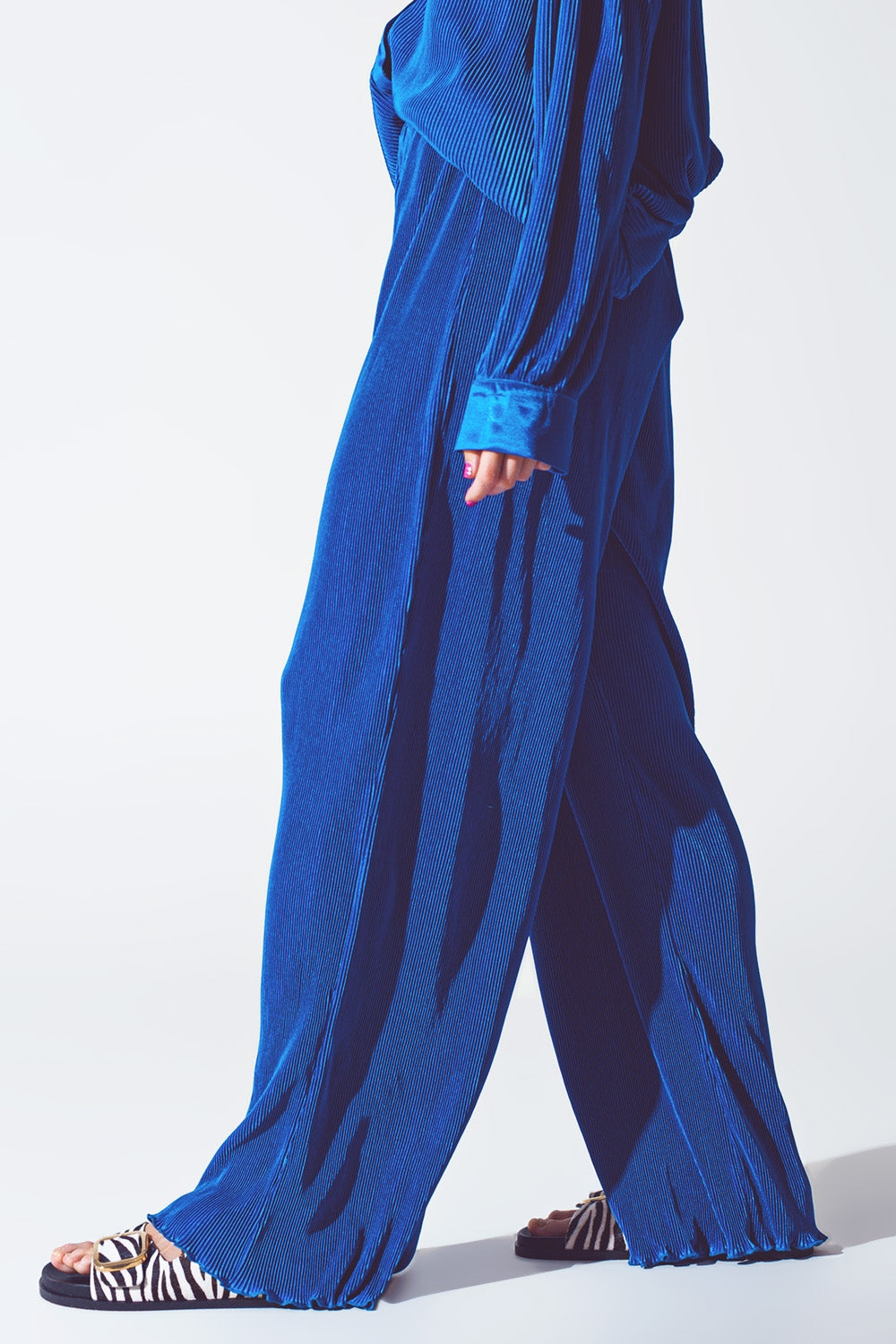 Satin Pleated Wide Leg Pants in Blue - Szua Store