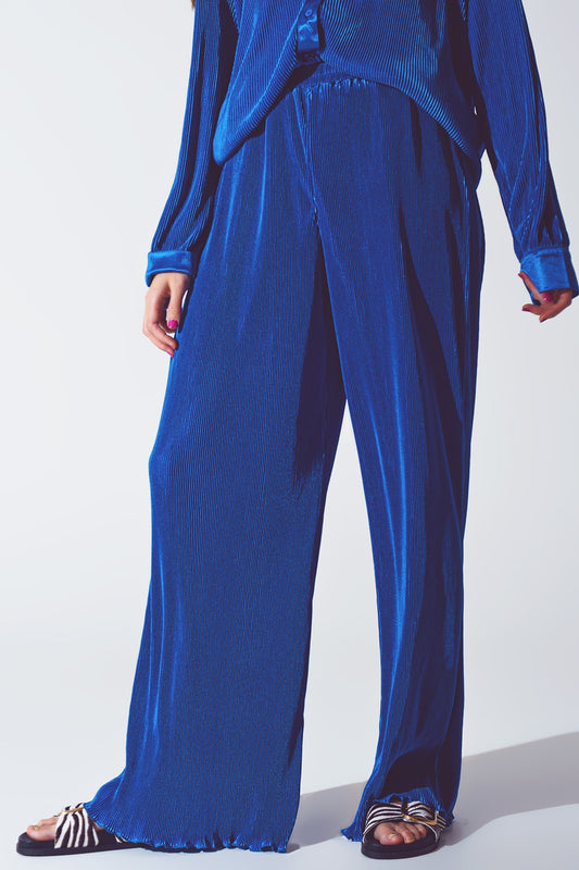 Satin Pleated Wide Leg Pants in Blue - Szua Store