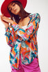 Q2 Satin Shirt In Floral Print in Orange