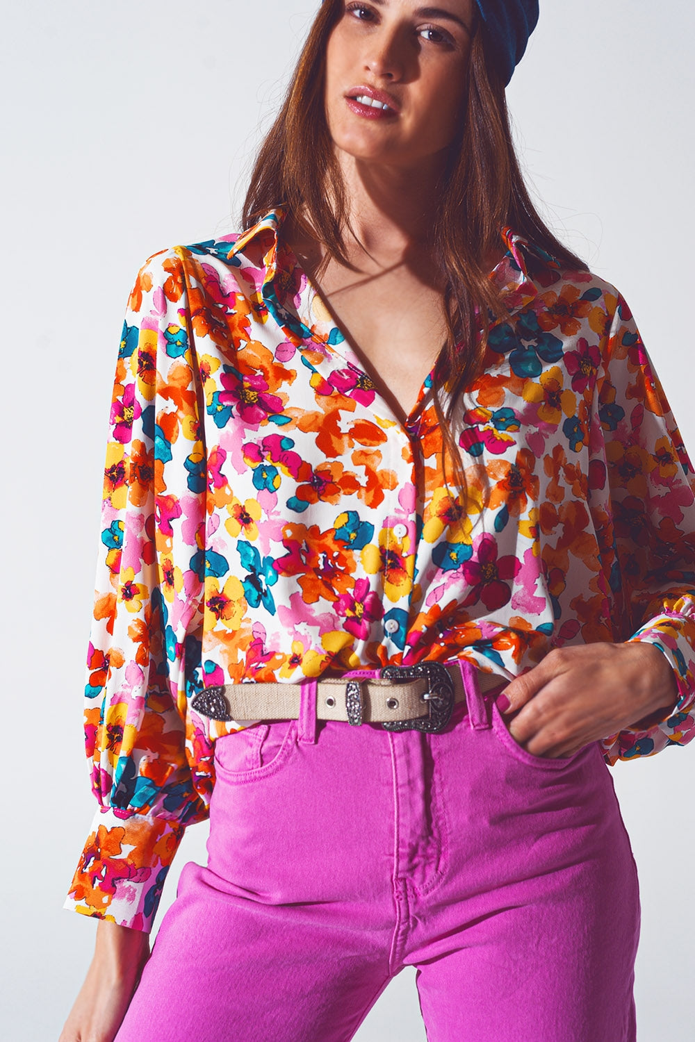 Q2 Satin Shirt With Balloon Sleeve in Multicolor Floral Print