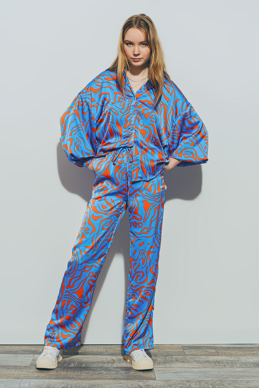 Satin Shirt with Balloon Sleeves in Blue - Szua Store