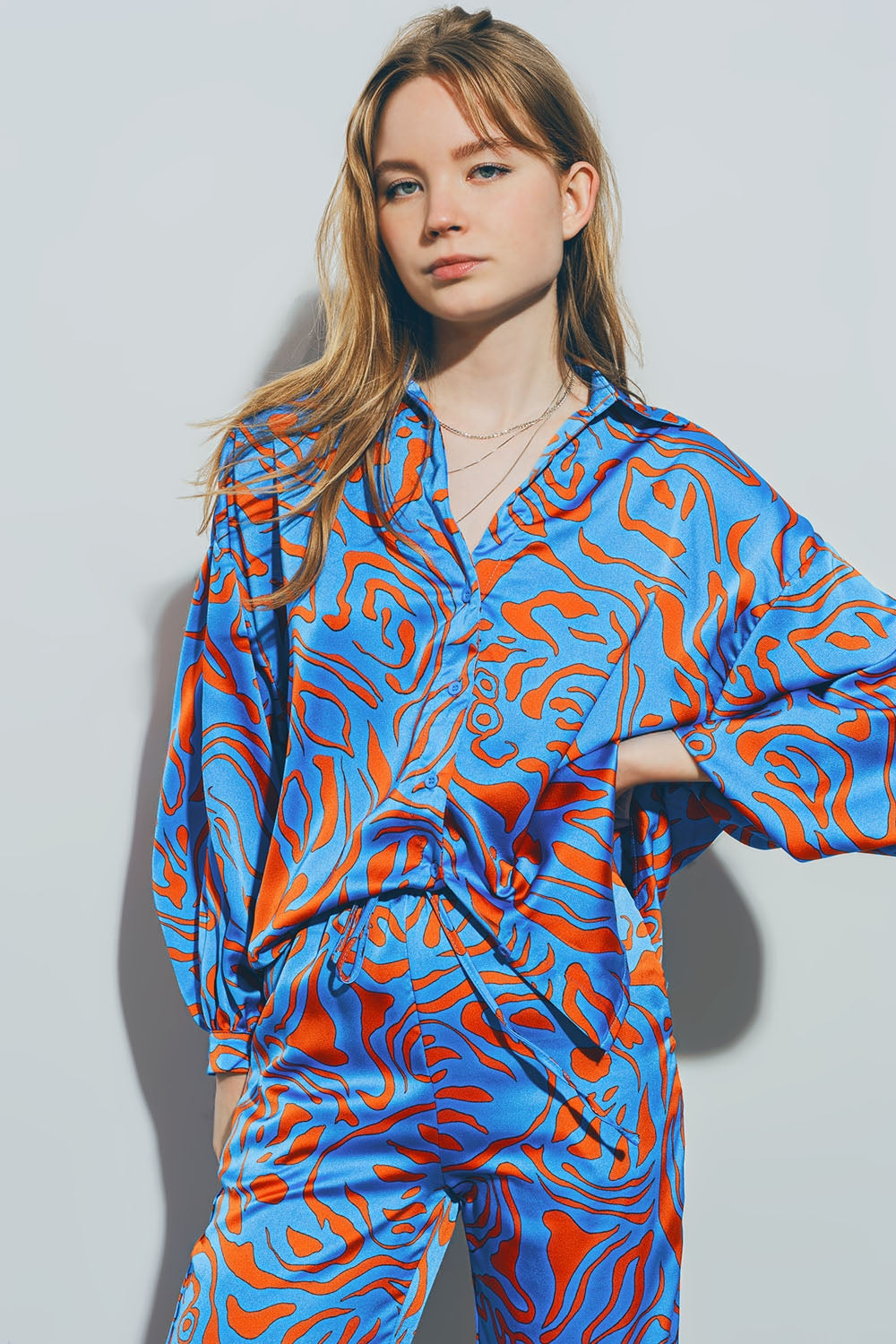 Satin Shirt with Balloon Sleeves in Blue - Szua Store