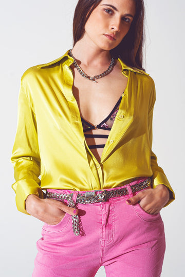 Q2 Satin shirt with split cuff in lime green