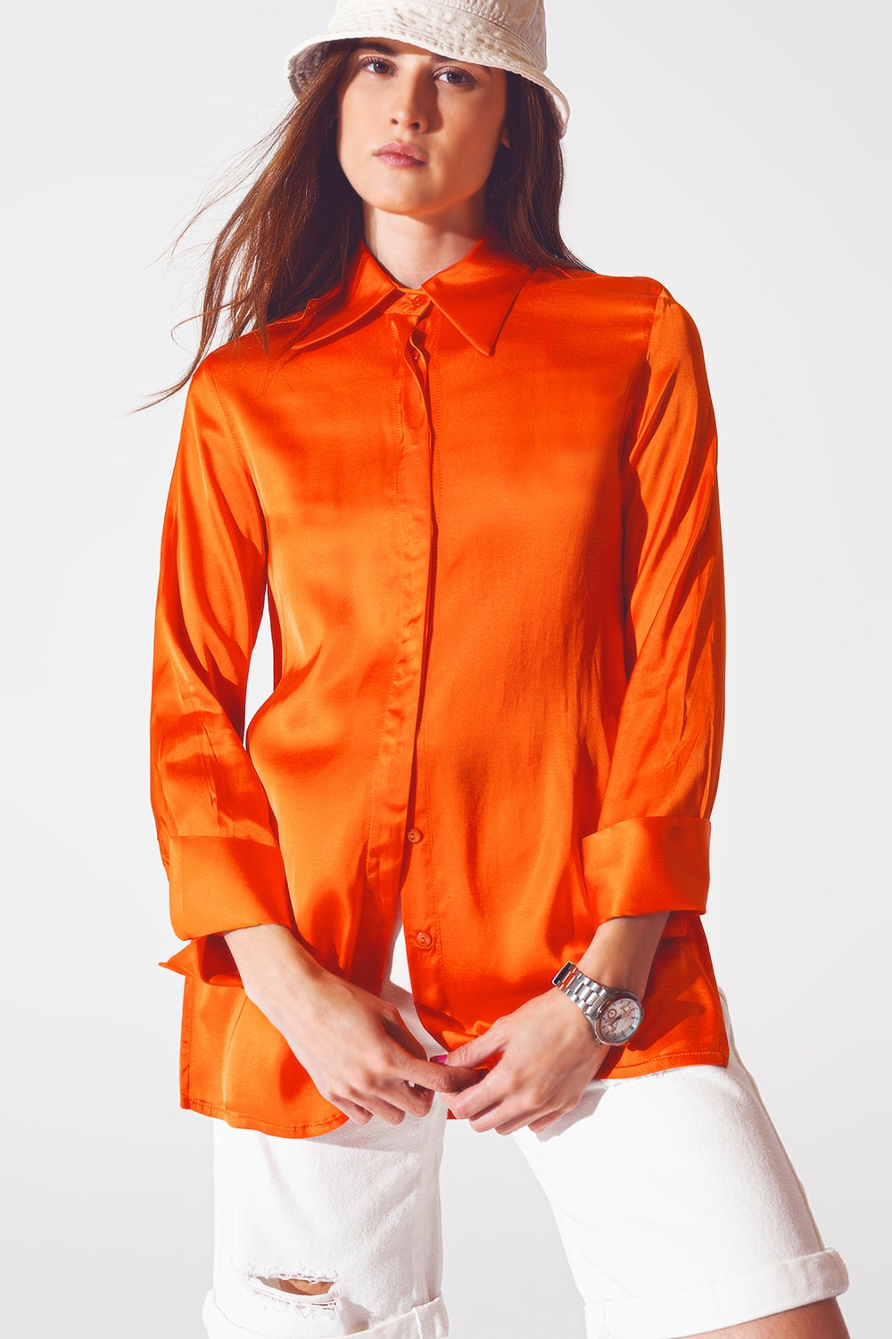Satin shirt with split cuff in orange - Szua Store