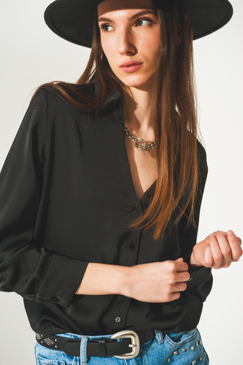 Satin shirt with v neck in black - Szua Store