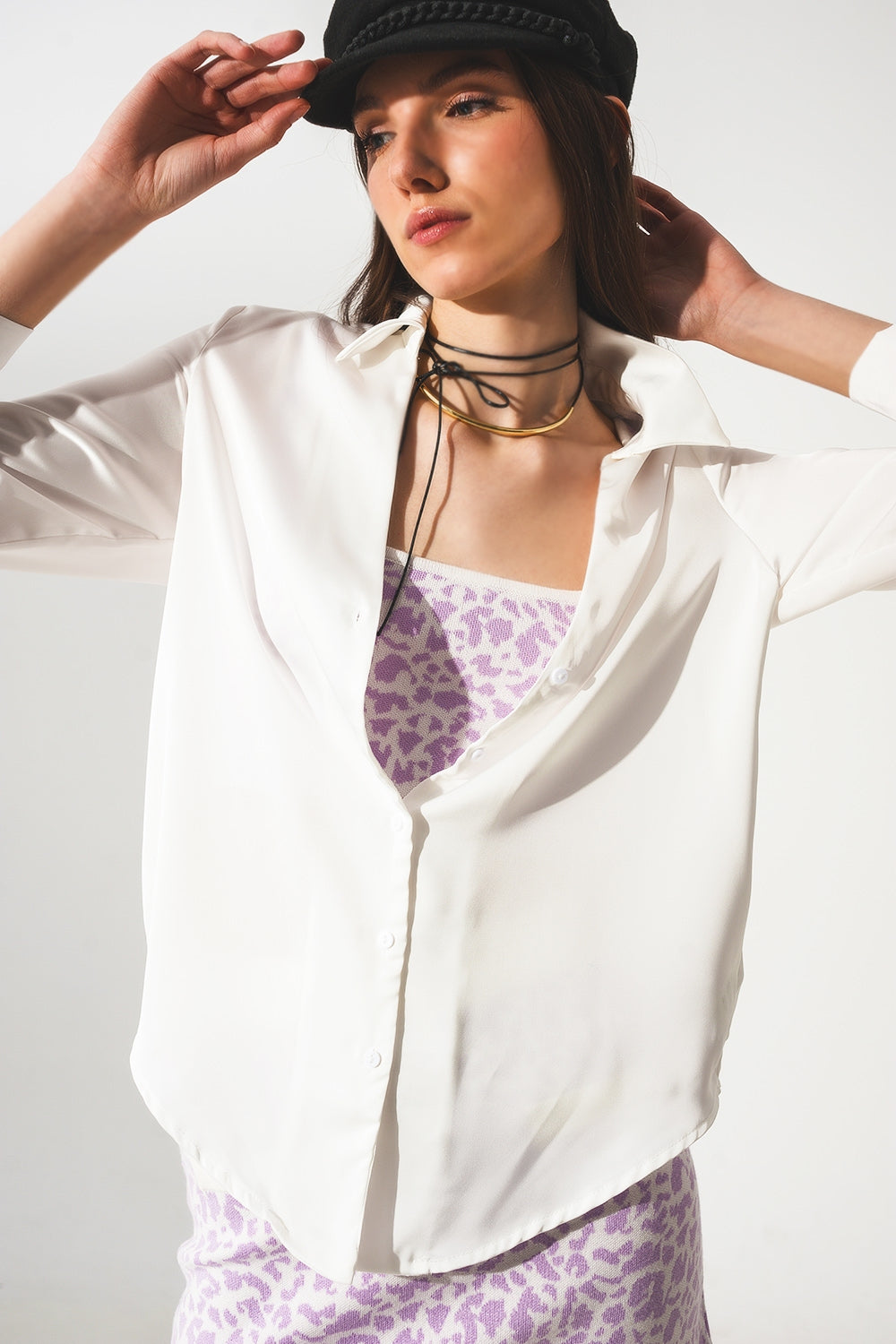 Satin shirt with v neck in cream - Szua Store