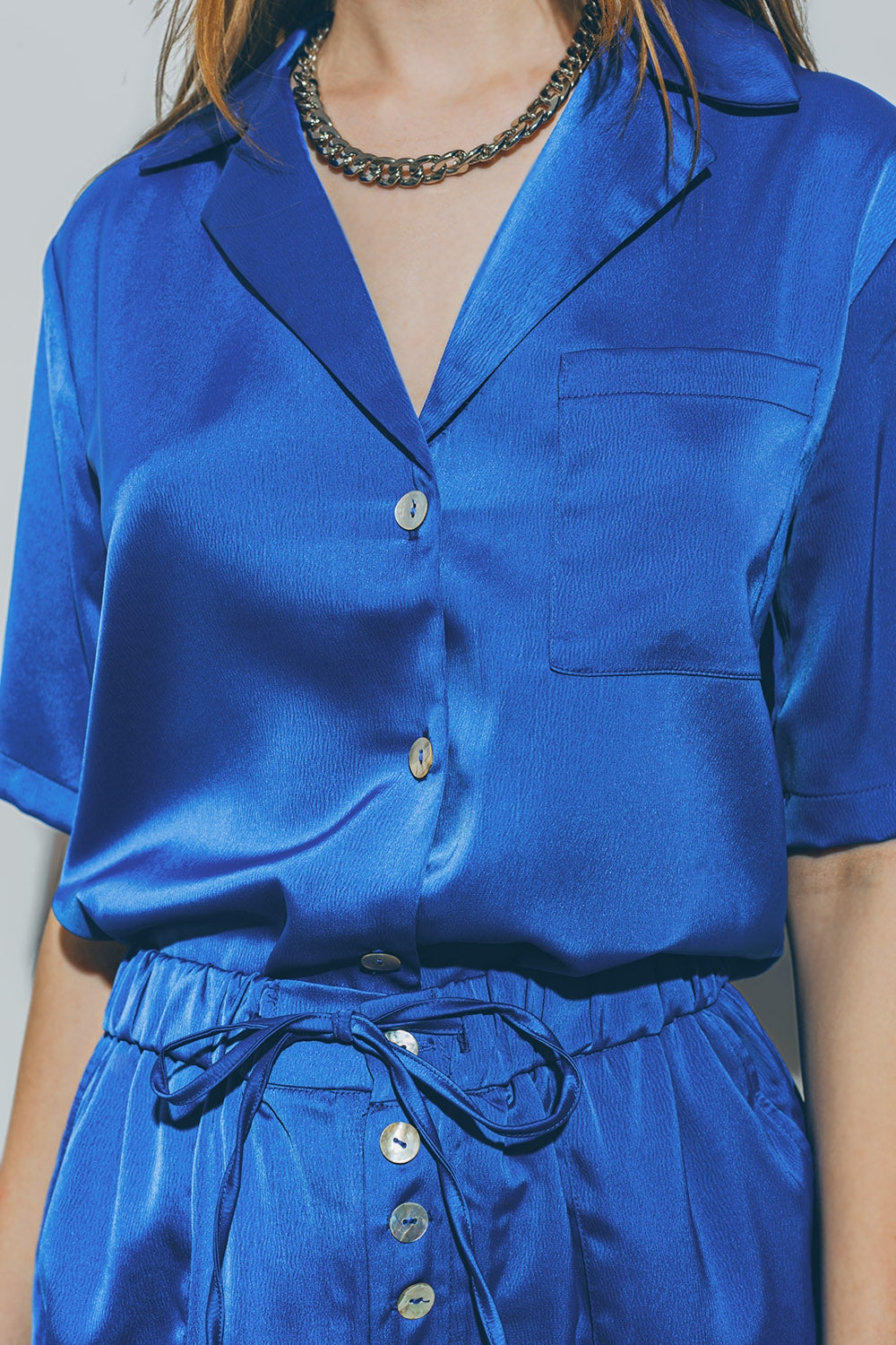 Satin Short Sleeve Shirt in Blue - Szua Store