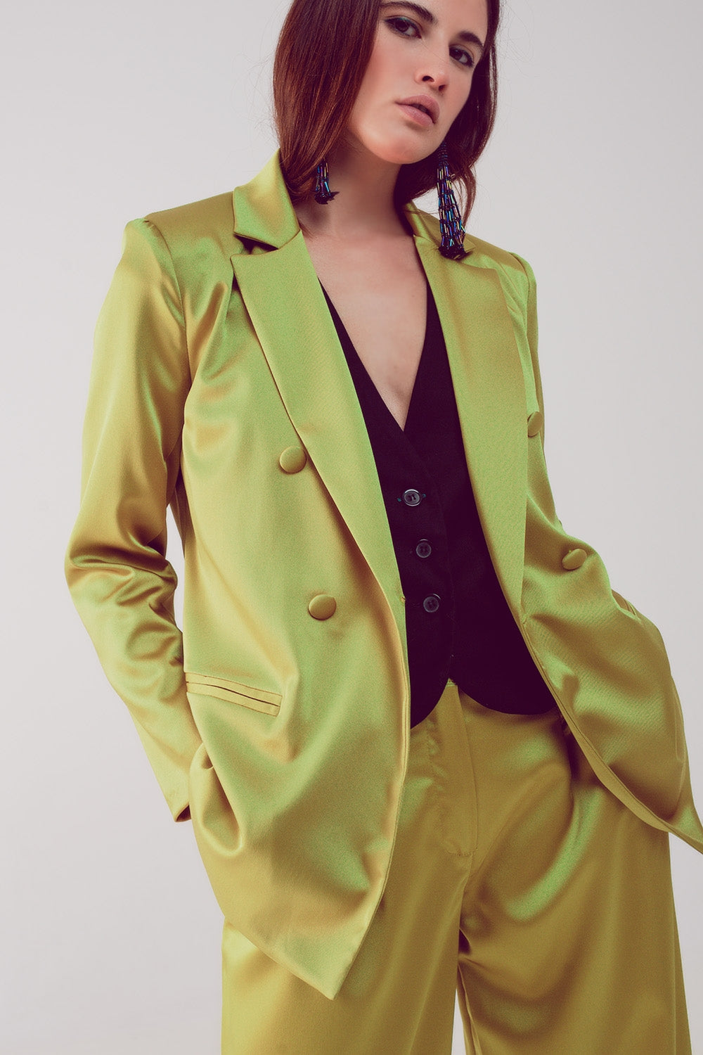 Satin tailored double breast blazer in lime Szua Store
