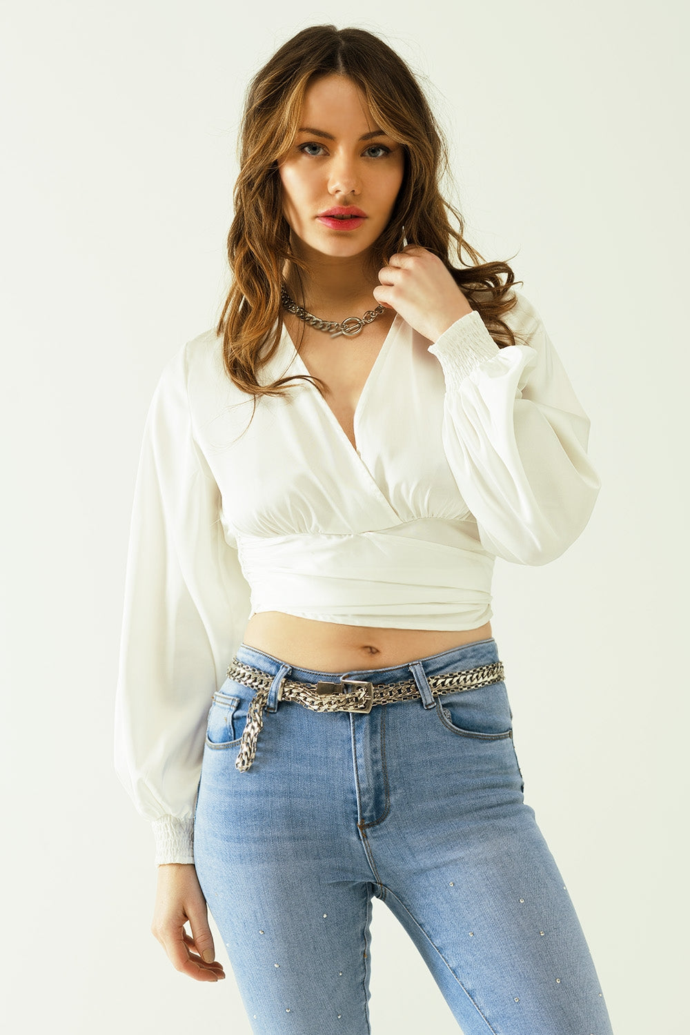 Q2 satin wrap crop top fitted at the waist in white