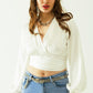 Satin wrap crop top fitted at the waist in white