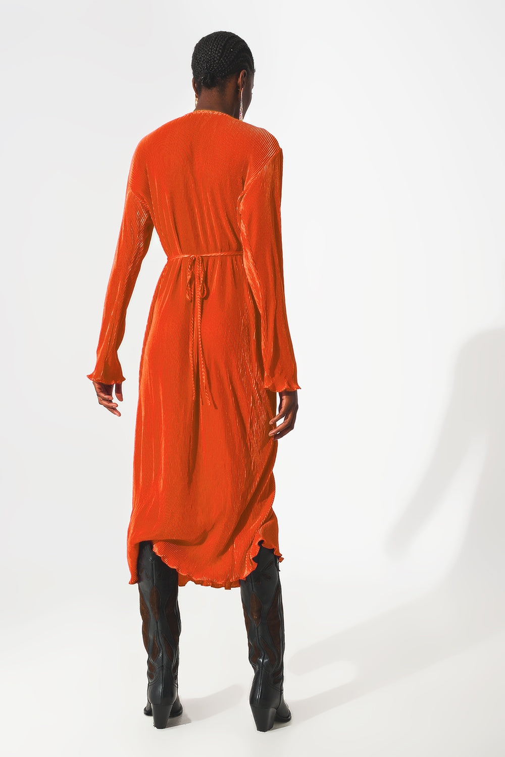 Satin wrap deatil pleated dress in orange - Szua Store