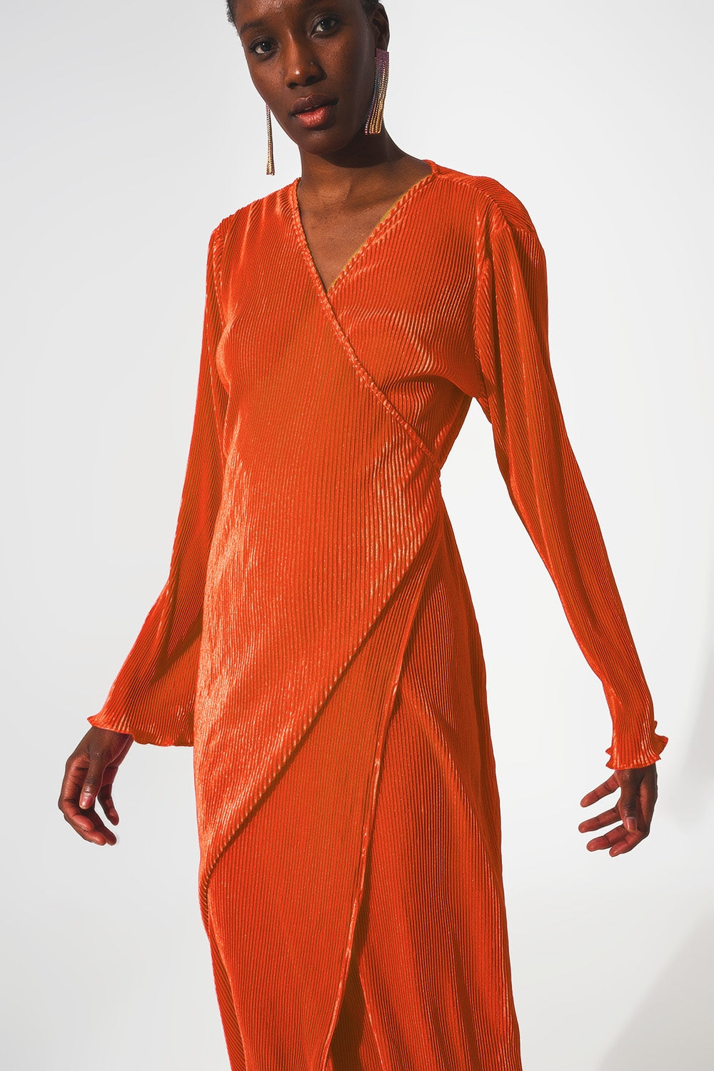 Satin wrap deatil pleated dress in orange - Szua Store