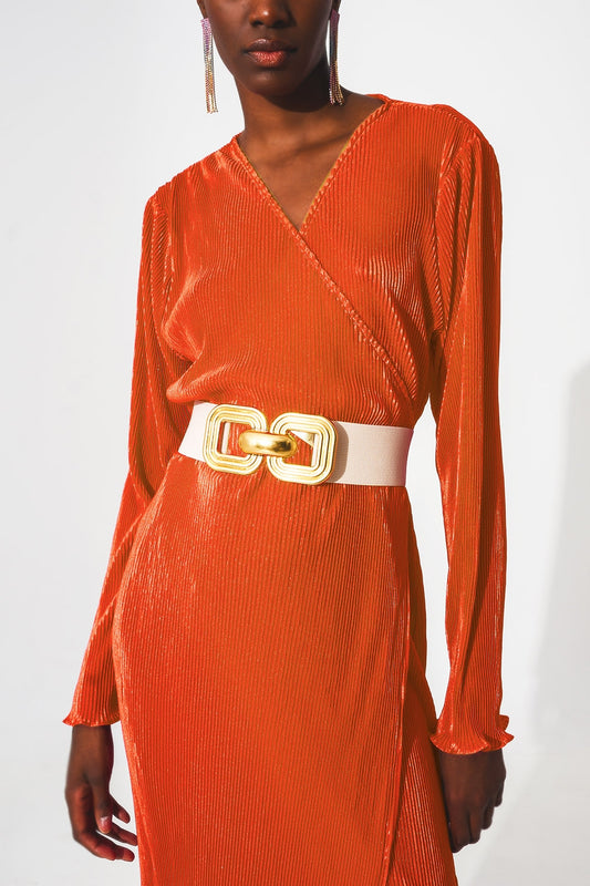 Satin wrap deatil pleated dress in orange - Szua Store