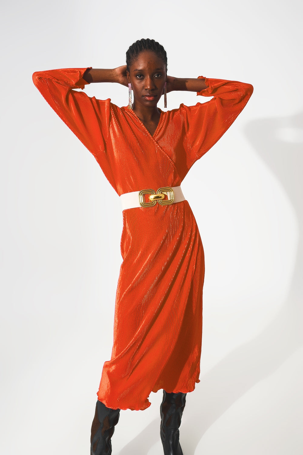 Satin wrap deatil pleated dress in orange - Szua Store