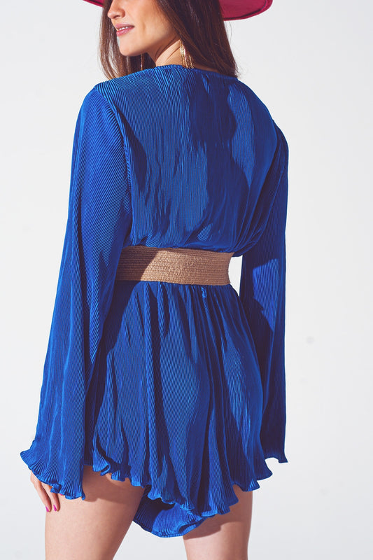 Satin Wrap Deatil Pleated Short Jumpsuit in Blue - Szua Store