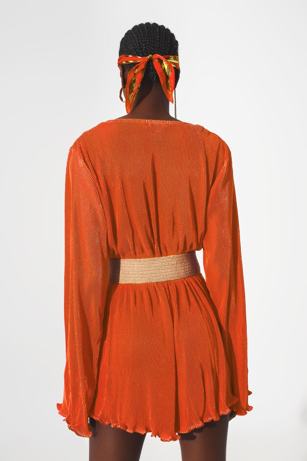 Satin wrap deatil pleated short jumpsuit in orange - Szua Store