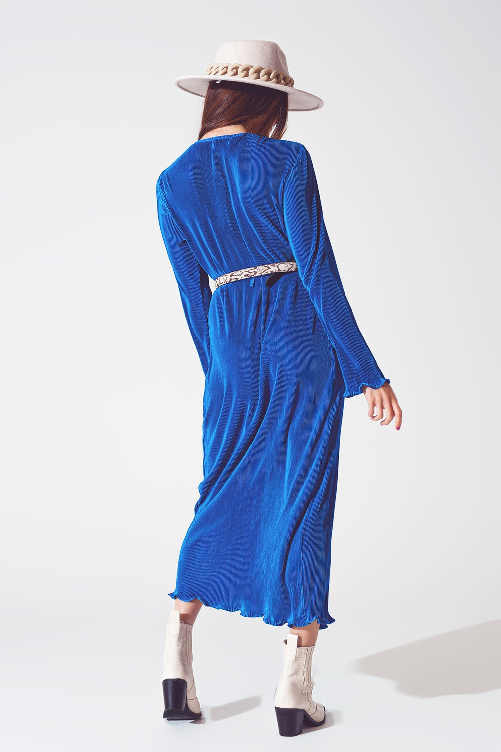 Satin Wrap Detail Pleated Dress in Blue - Szua Store