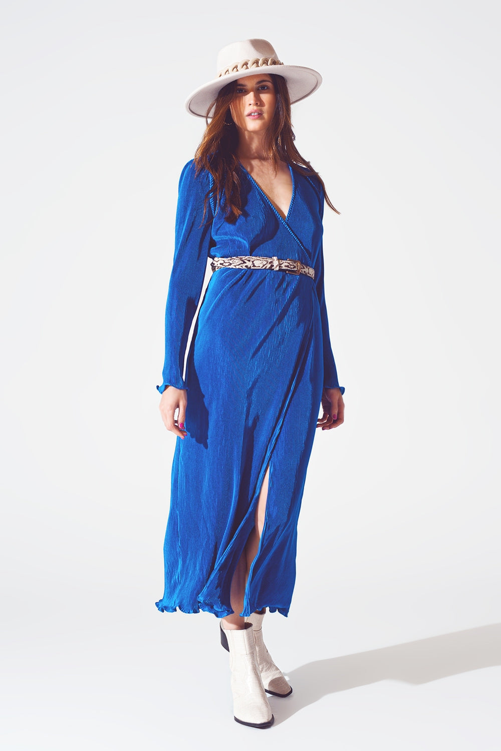 Satin Wrap Detail Pleated Dress in Blue - Szua Store