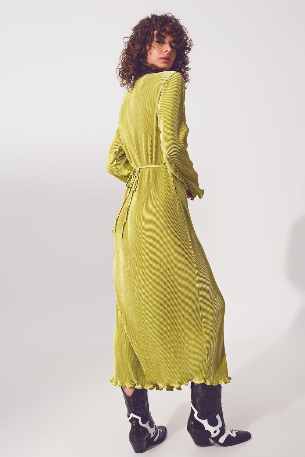 Satin Wrap Detail Pleated Dress in Green - Szua Store