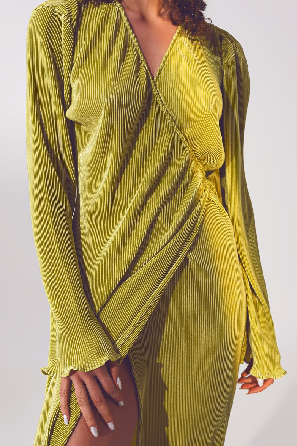 Satin Wrap Detail Pleated Dress in Green - Szua Store