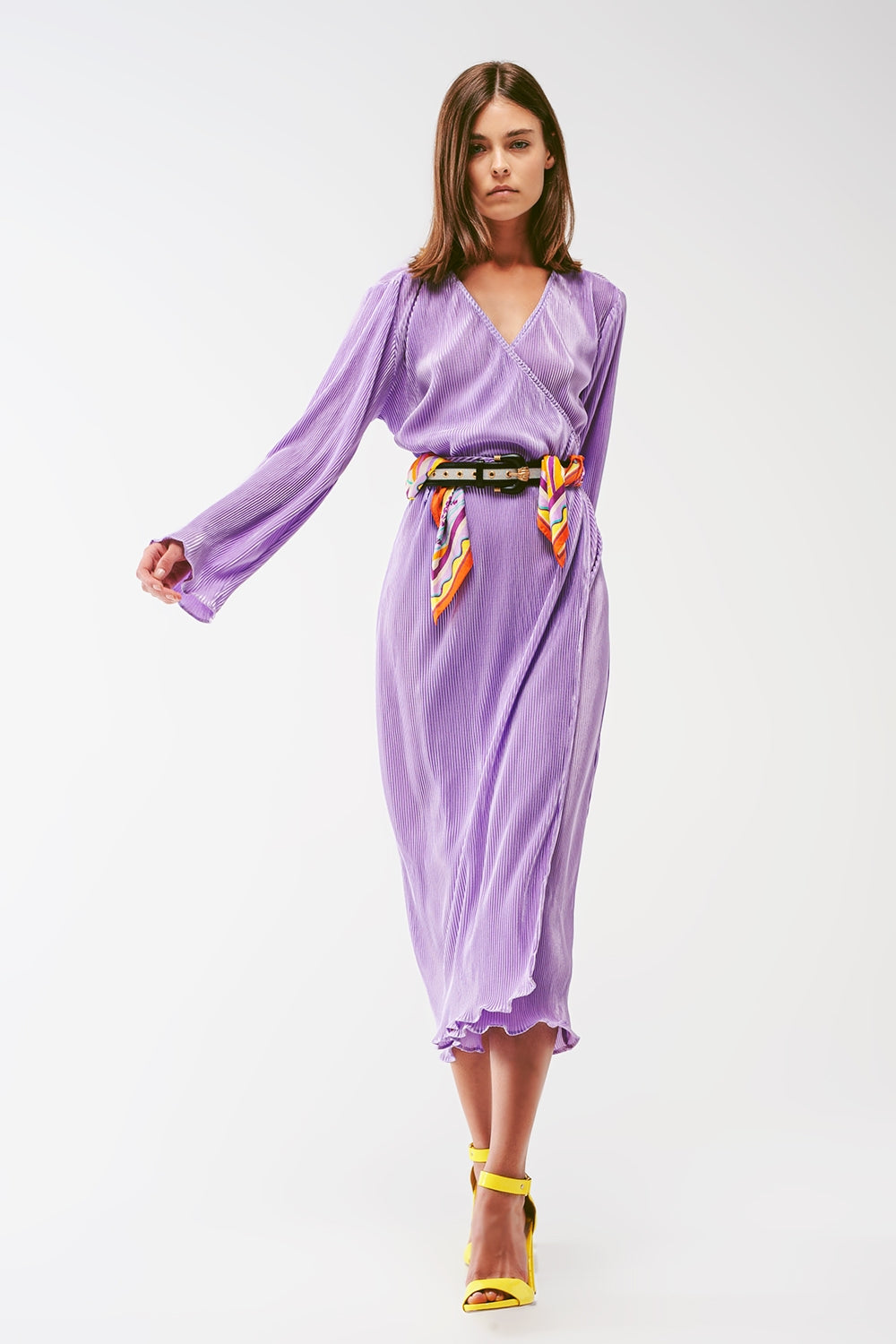 Q2 Satin Wrap Detail Pleated Dress in lilac