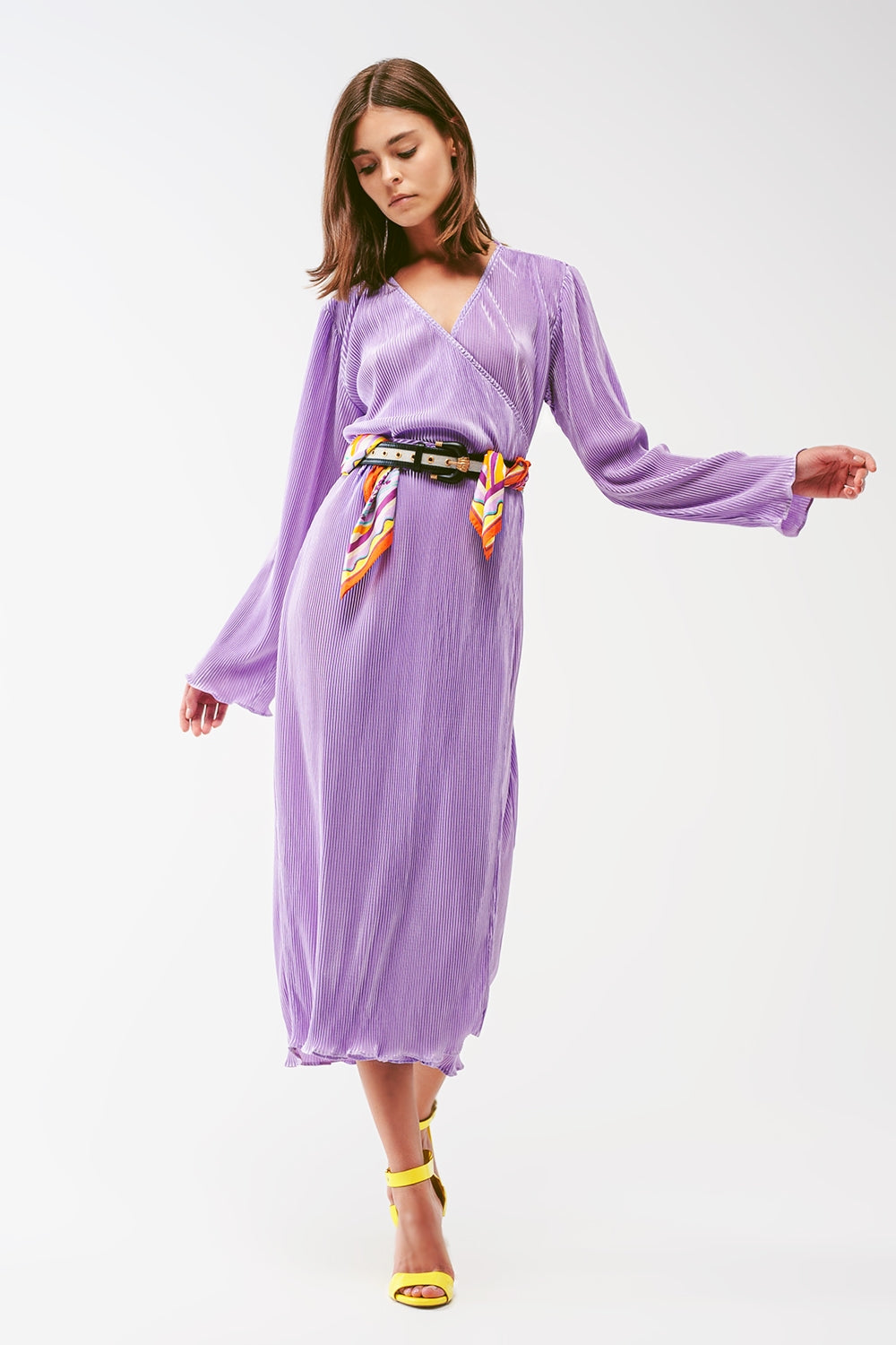 Satin Wrap Detail Pleated Dress in lilac - Szua Store