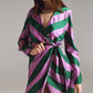 Q2 Satin Wrap Dress in Lilac and Green Striped Print