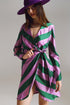 Q2 Satin Wrap Dress in Lilac and Green Striped Print