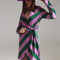 Satin Wrap Dress in Lilac and Green Striped Print - Szua Store