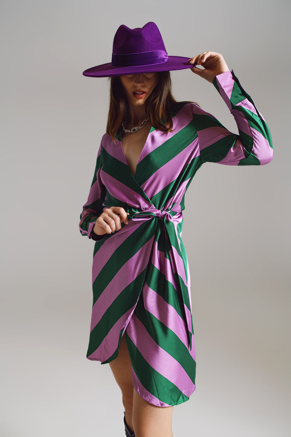 Satin Wrap Dress in Lilac and Green Striped Print - Szua Store