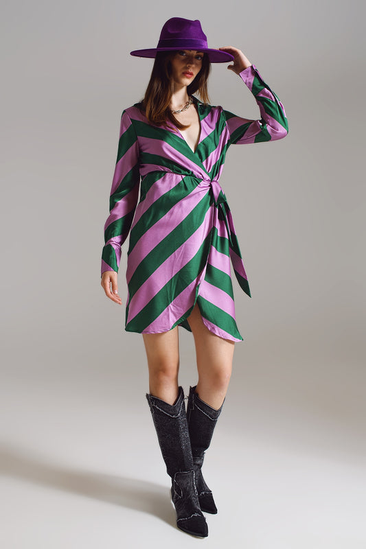 Satin Wrap Dress in Lilac and Green Striped Print - Szua Store