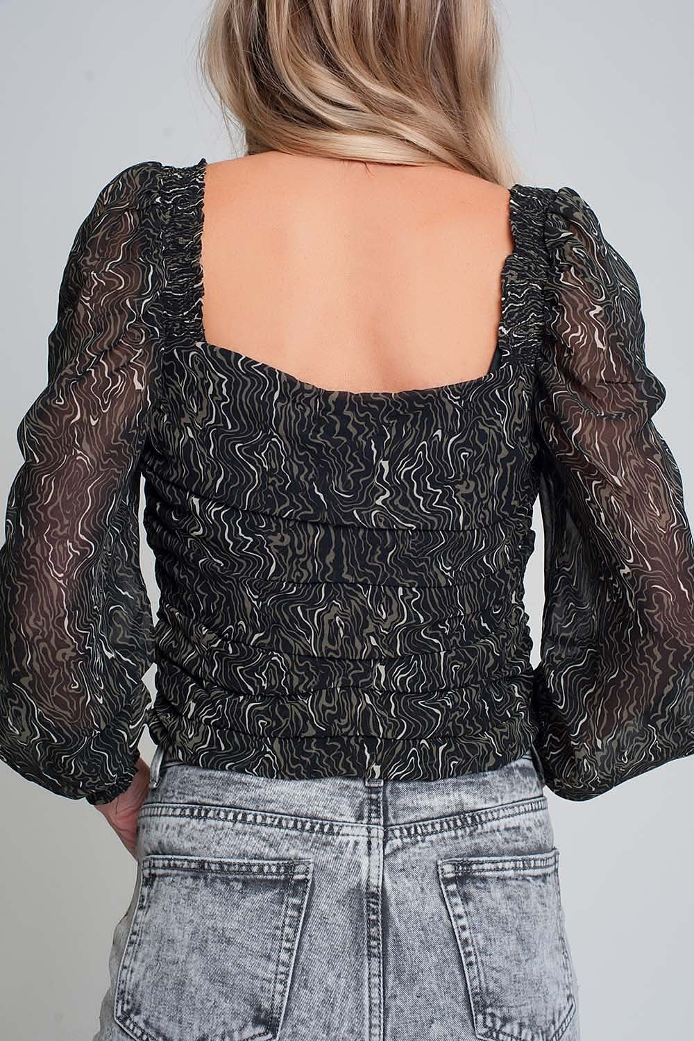 See-through top with long sleeves geo print in black color with elastic cuffs Szua Store