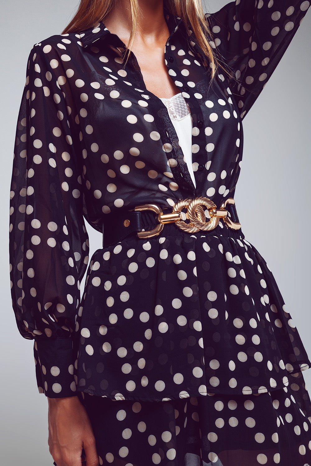 Semi Sheer Polka Dot Shirt With Voluminous Sleeves in Black