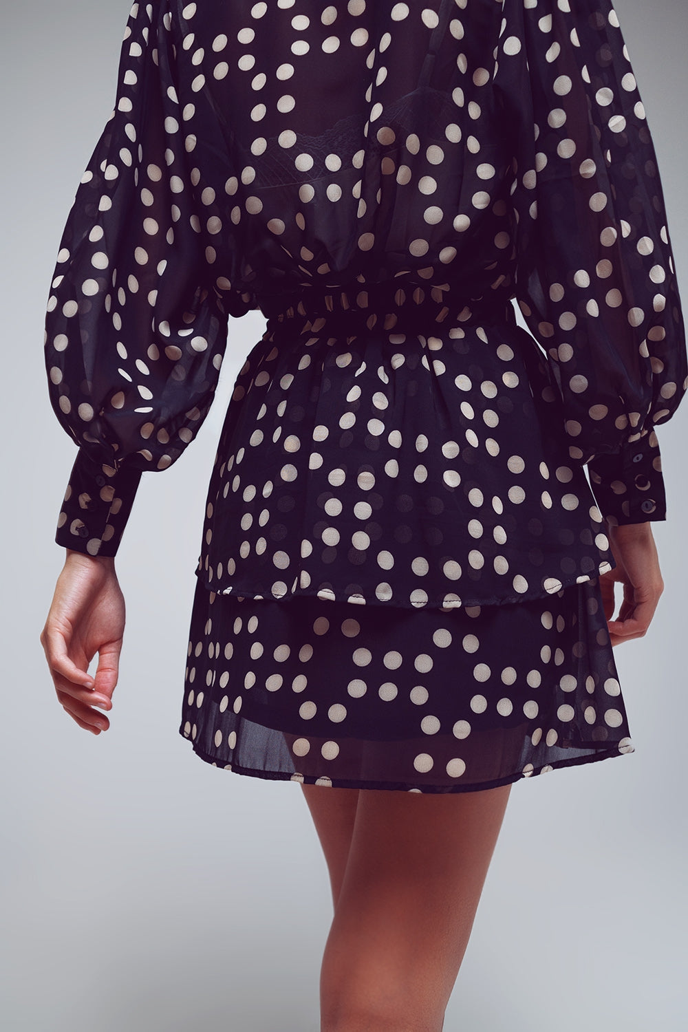 Semi Sheer Polka Dot Shirt With Voluminous Sleeves in Black