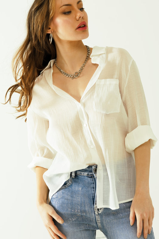 Q2 Semi sheer tencel shirt with chest pocket in white