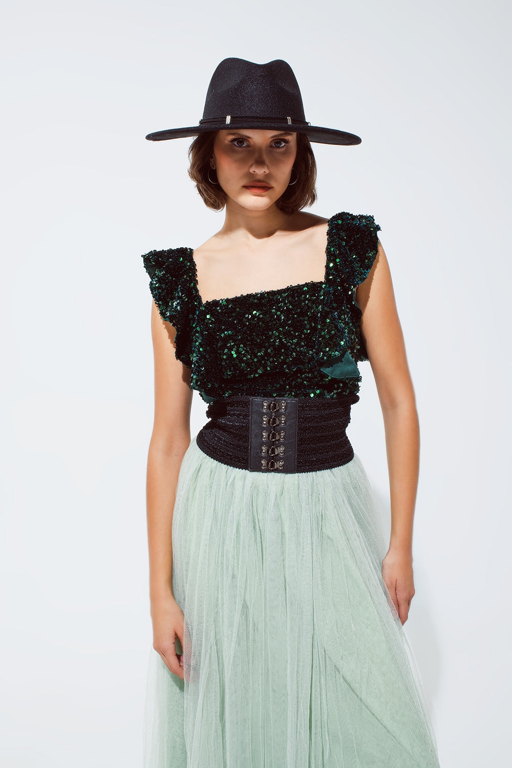 Q2 Sequin Cropped top in green with wide straps