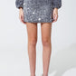 Q2 Sequin Mini Skirt With Slit and Elasticated Waist in Silver