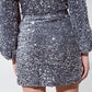Sequin Mini Skirt With Slit and Elasticated Waist in Silver