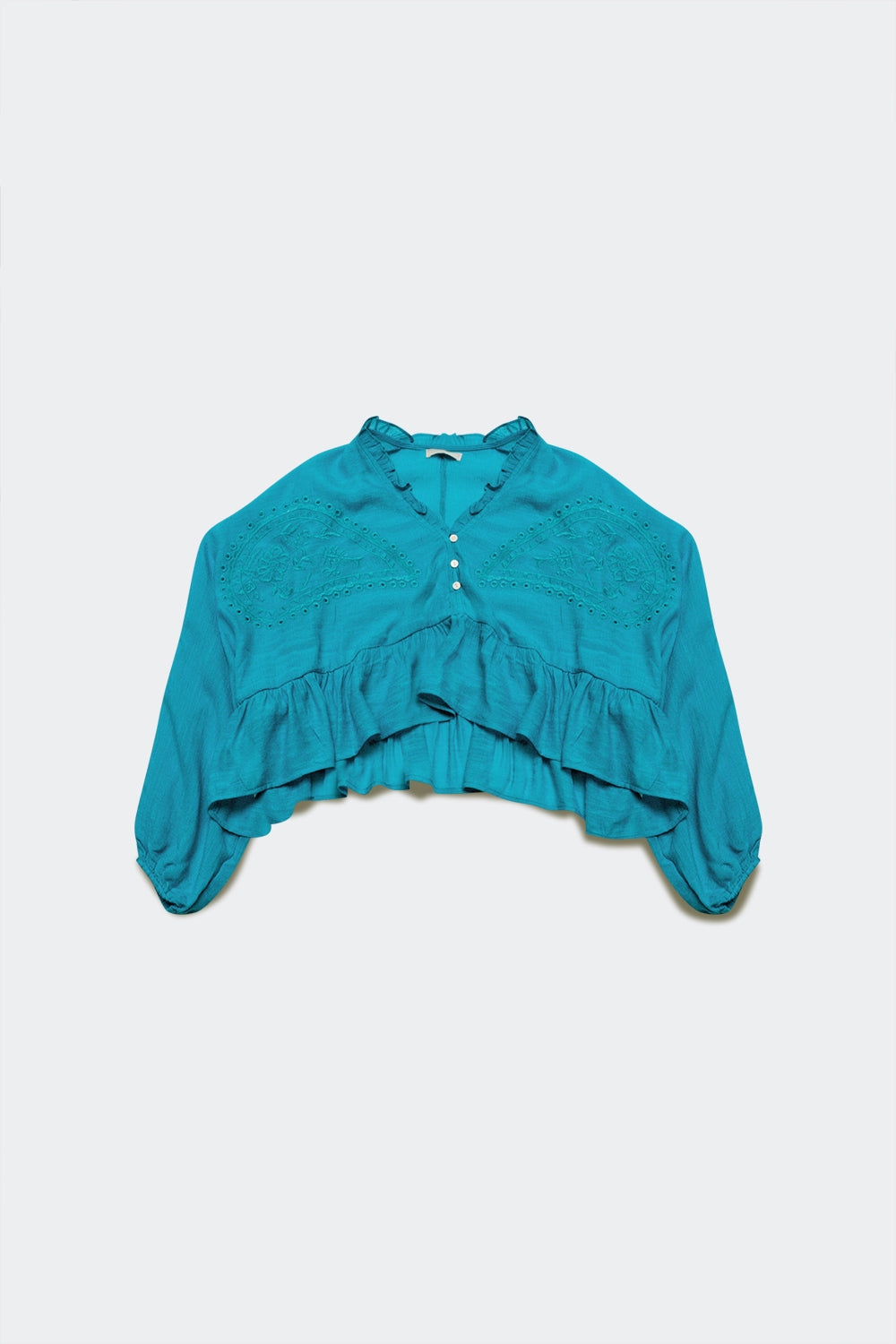 Shirred crop top with embroidery in blue - Szua Store