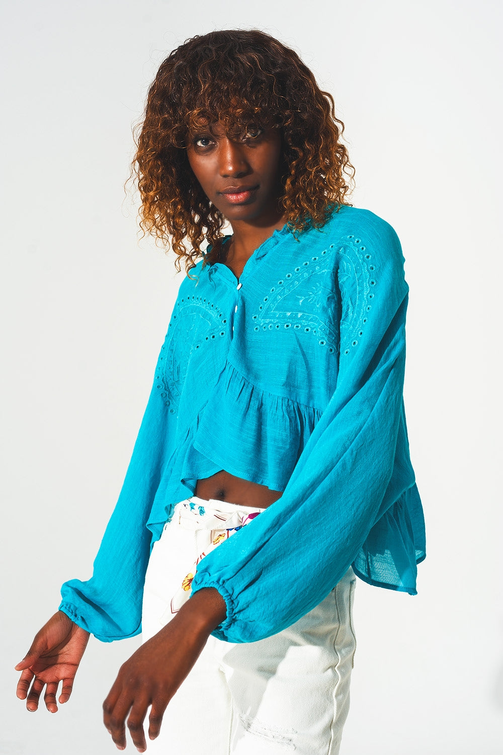 Shirred crop top with embroidery in blue - Szua Store